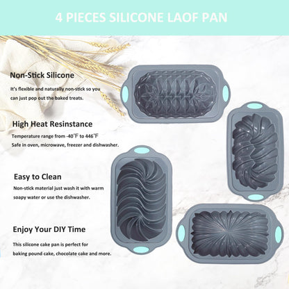 4 Piece Silicone Loaf Pan for Baking Bread, Non-Stick Kitchen Oven Bread Pan, Perfect for Banana Bread, Sandwich Bread, Pound Cake and Meatloaf, 4 Cups, Grey