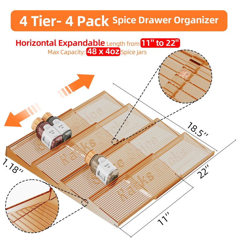 PanPanPal Spice Drawer Organizer, 4 Tier- 4 Pack Amber Acrylic Drawer Seasoning Organizer, Expandable From 11'' to 22'' Kitchen Spice Rack Organizers and Storage for Drawer (Jars not included)