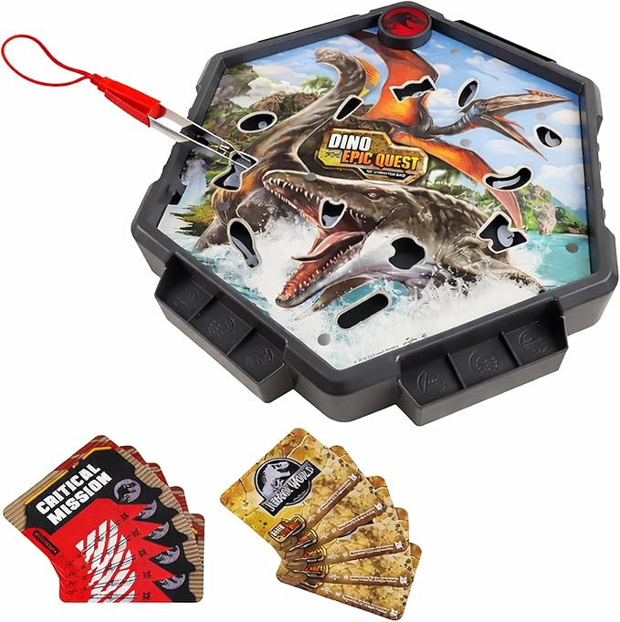 Jurassic World Dino Epic Quest Board Game– Interactive Buzzer DNA Extraction Challenge w/Tweezers Air Land &amp Sea Dinosaurs Skill-Building Family Game for Kids &amp Adults Hand-Eye Coordinatio