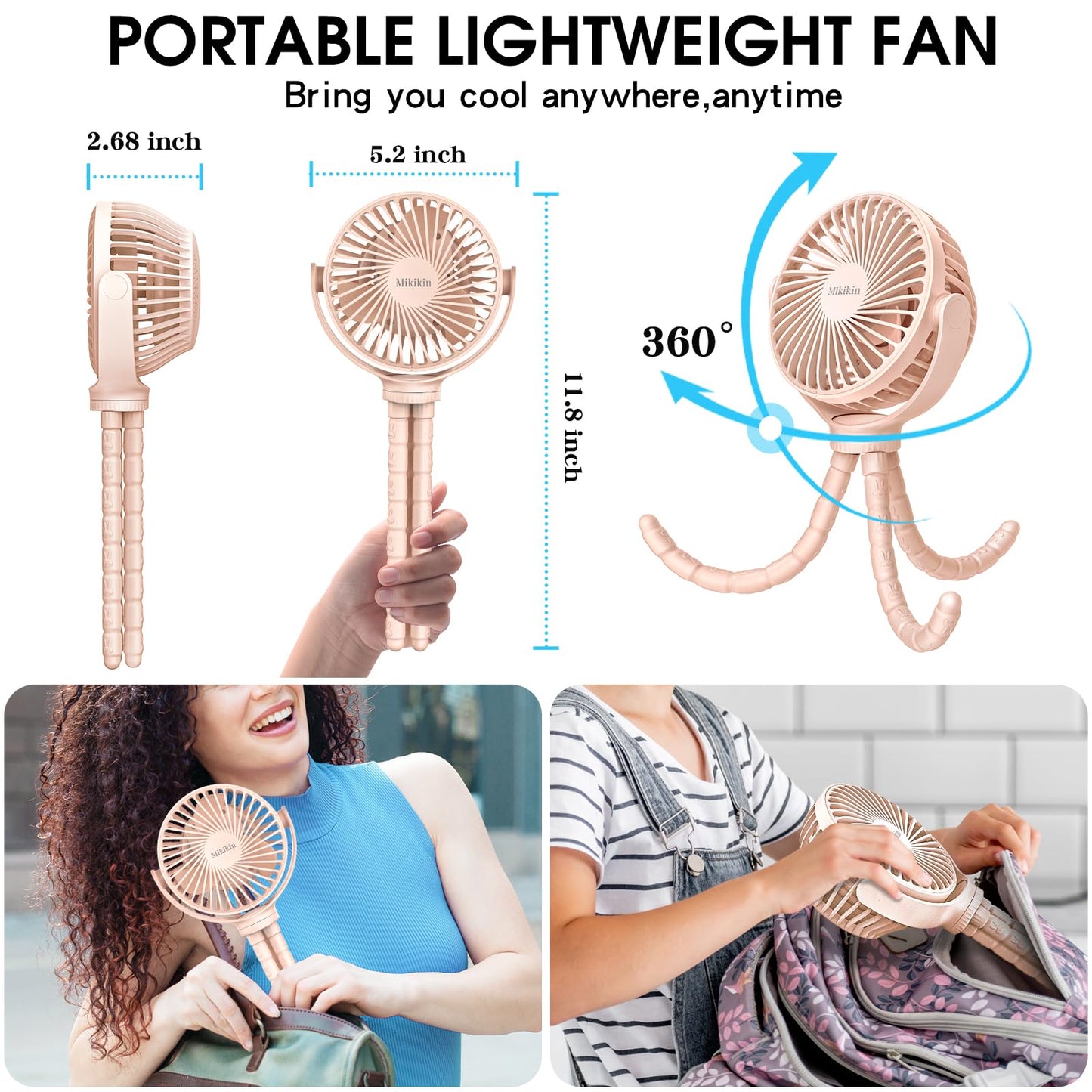 Portable Stroller Fan, Small Battery Powered Fan with Flexible Tripod Clip-on for Baby, USB Rechargeable Mini Handheld Desk Fan for Travel, Camping, Treadmill, Car Seat, Crib, Bike, Bedroom (Pink)