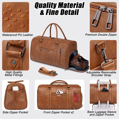 Large Travel Duffel Bag for Women Men, Faux Leather Weekender Overnight Bag with Shoe Compartment, Waterproof Carry On Bag with Toiletry Bag, Travel Tote Bag Gym Bag (Brown)