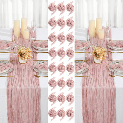 Windkream 2 Cheesecloth Table Runners and 24 Napkins Set, 10Ft Boho Cheese Cloth Table Runners 20 x 20 Inch Rustic Wrinkled Gauze Napkins for Wedding Birthday Baby Shower Party Decor (Dusty Pink)
