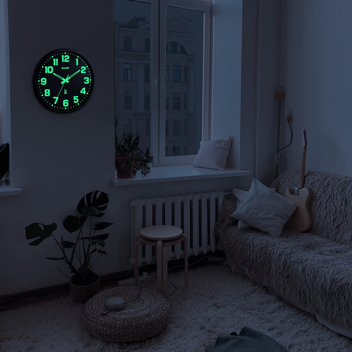 Sharp Glow in The Dark Atomic Analog Wall Clock - 12" Clock with Black Frame - Sets Automatically - Battery Operated - Easy to Read - Easy to Use – See Day or Night!