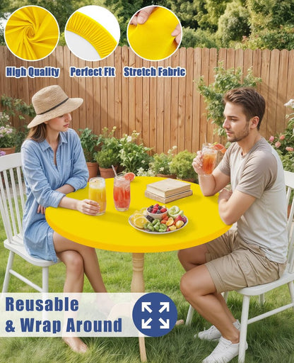 Moosfor Round Spandex Tablecloth, Elastic Fitted Waterproof Tablecloths for 31"-35" Tables, Stretch Washable Picnic Table Cover for Camping, Dining, Indoor and Outdoor, Yellow