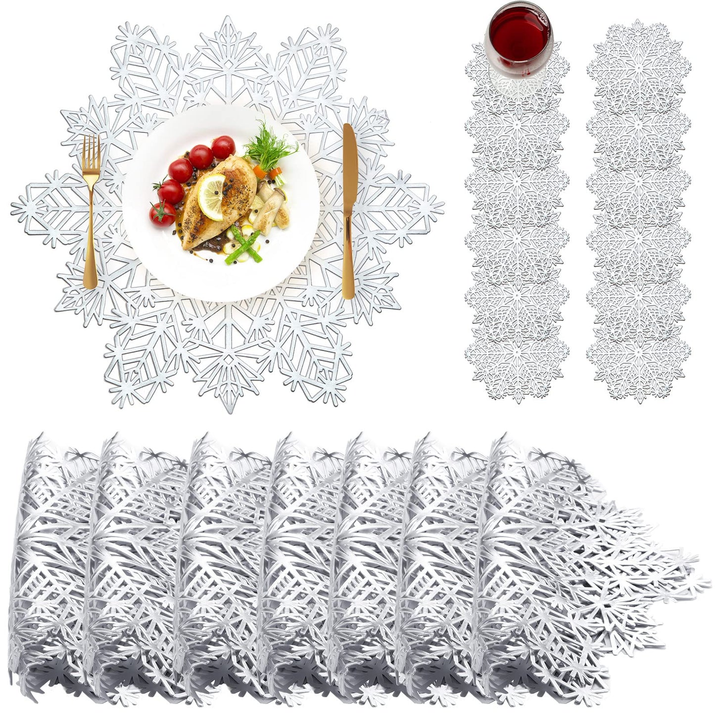 Sieral Snowflake Placemats and Coasters Set Pressed Vinyl 15 Inch Placemats and 4 Inch Coasters for Christmas Winter Wedding Party Dinner Table Decoration(Silver,24 Sets)