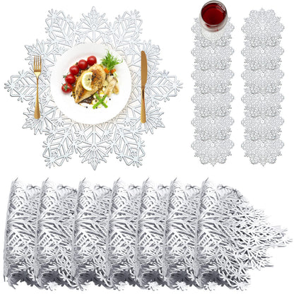 Sieral Snowflake Placemats and Coasters Set Pressed Vinyl 15 Inch Placemats and 4 Inch Coasters for Christmas Winter Wedding Party Dinner Table Decoration(Silver,24 Sets)