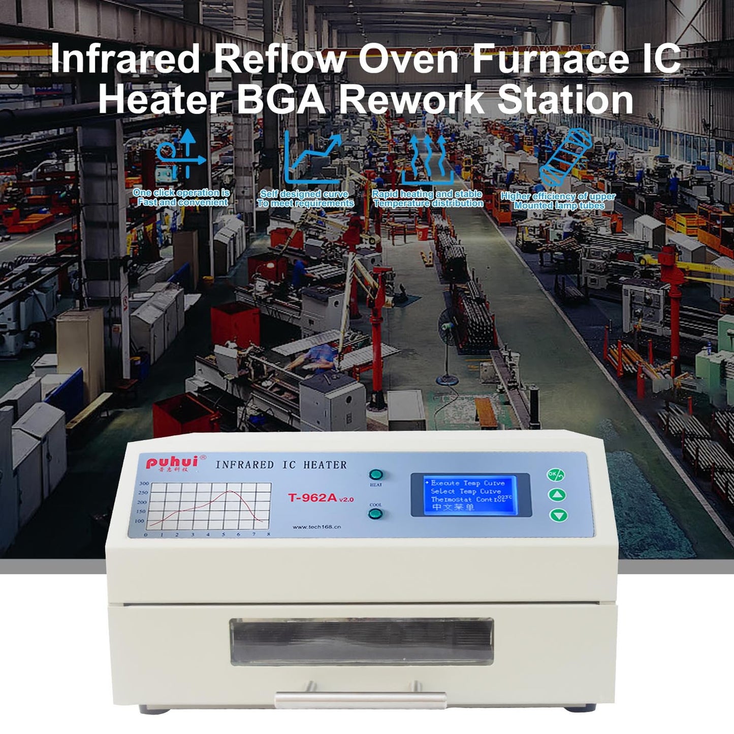 T962A Automatic Reflow Soldering Machine with Hot Air Circulation - Infrared Heater for PCB SMT BGA Rework Station, 1500W Drawer Type Reflow Oven, Wide Welding Area 300mm x 320mm