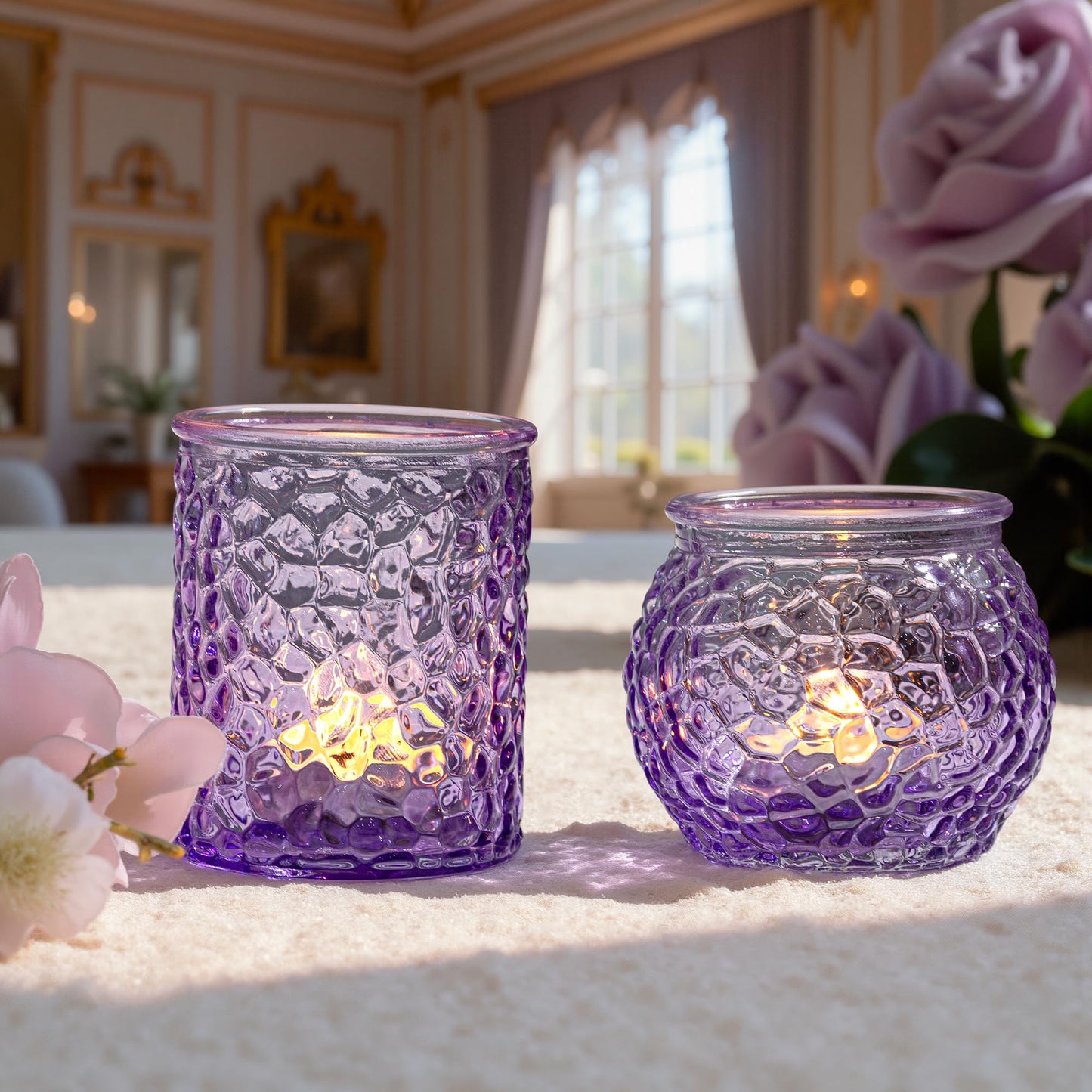 24-Piece Purple Glass Votive Candle Holders Set – Tealight Candle Holder Glass Bulk with 12 Round & 12 Hammered Textured Cups, Purple Votive Candle Holders for Weddings, Parties, Home