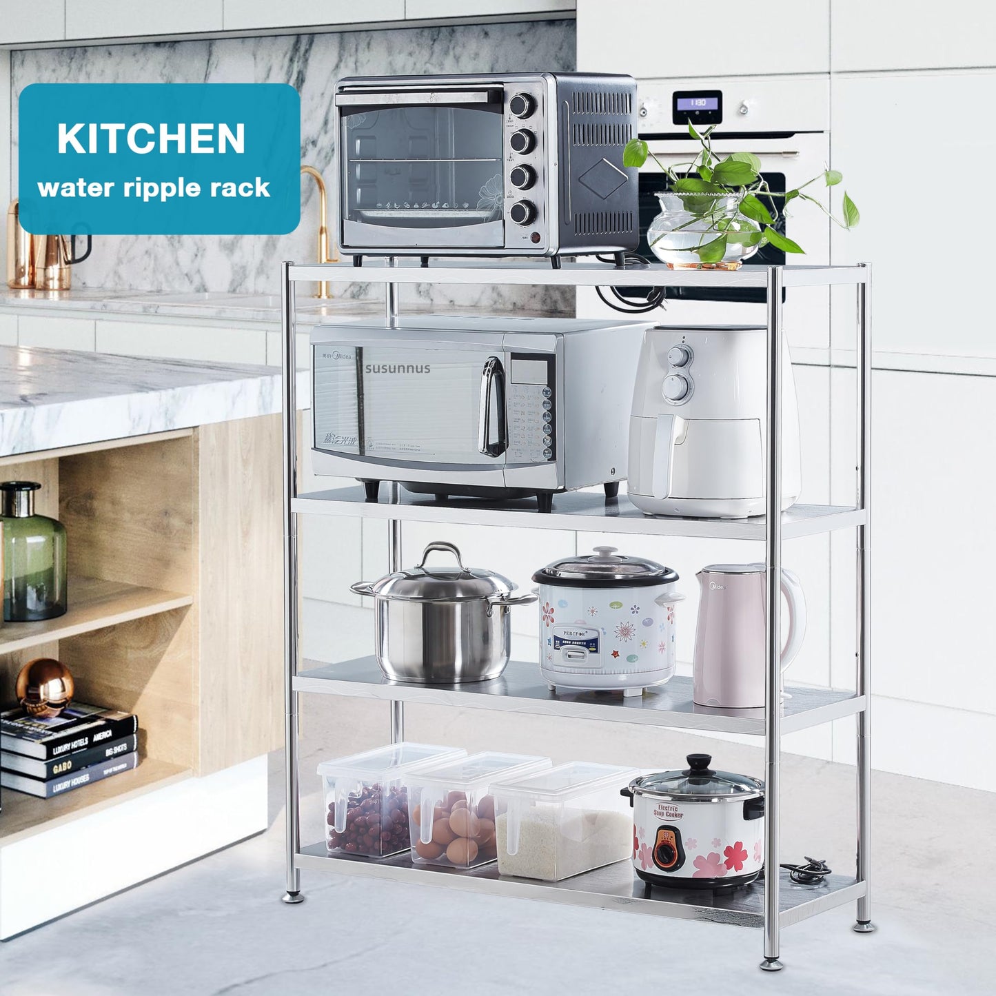 susunnus Stainless Steel Shelves 39.4in-5 Tier, Stainless Steel Shelf Organizer, Kitchen Storage Shelves, Artistic Texture, Pragmatic & Sturdy & Waterproof