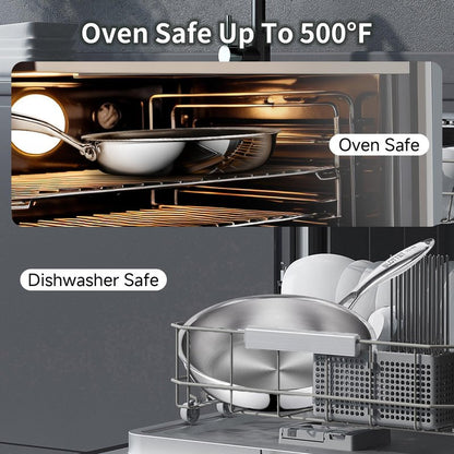mopetta 10 inch Tri-Ply Stainless Steel Frying Pan,No Coatings PFOA&PTFE Free Skillets,Chef's Pans,Dishwasher and Oven Safe Cookware, Compatible with All Cooktops