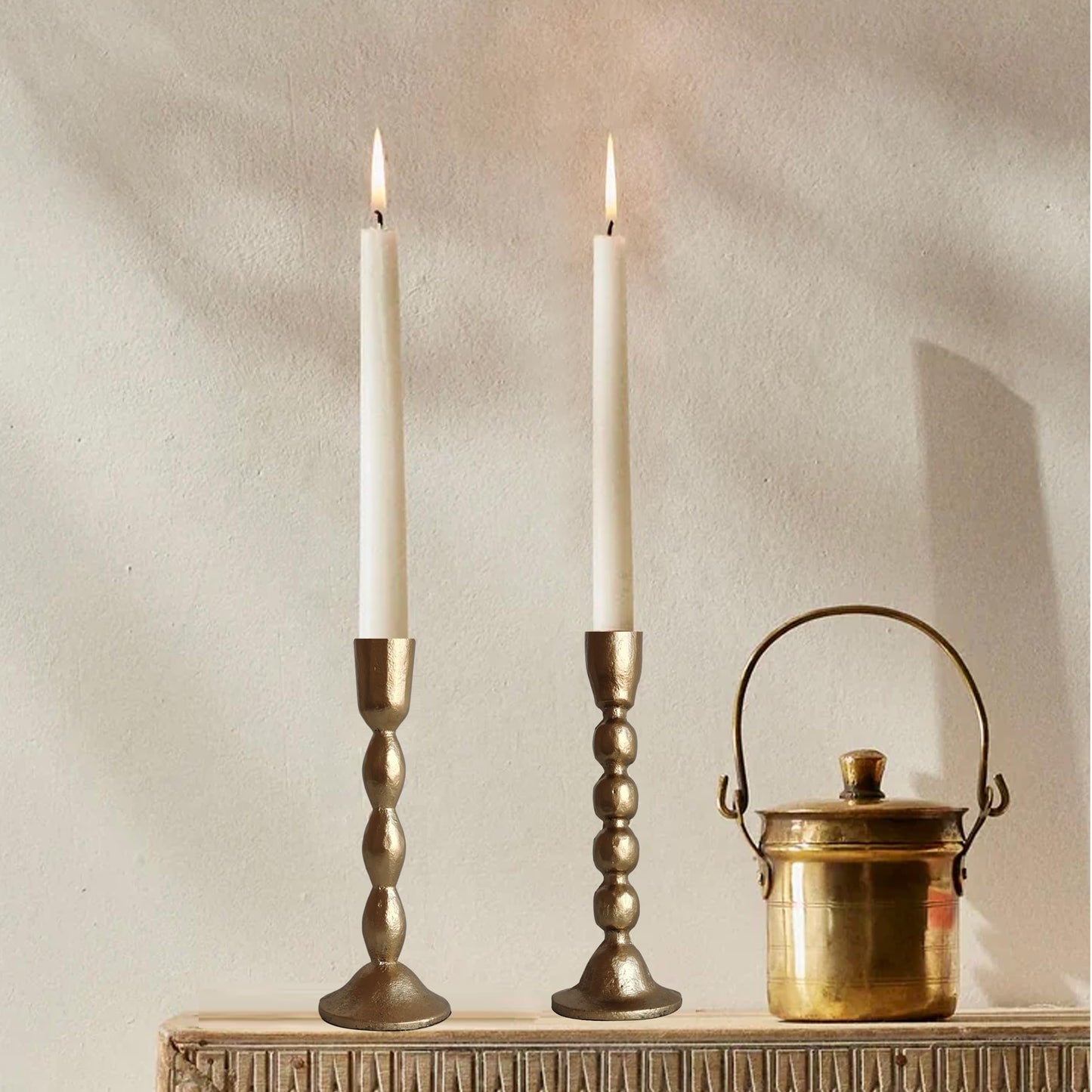 Antique Iron Taper Candle Holders - Set of 2 Decorative Candlesticks, Brass Finish Candle Stand for Weddings, Dining, and Parties