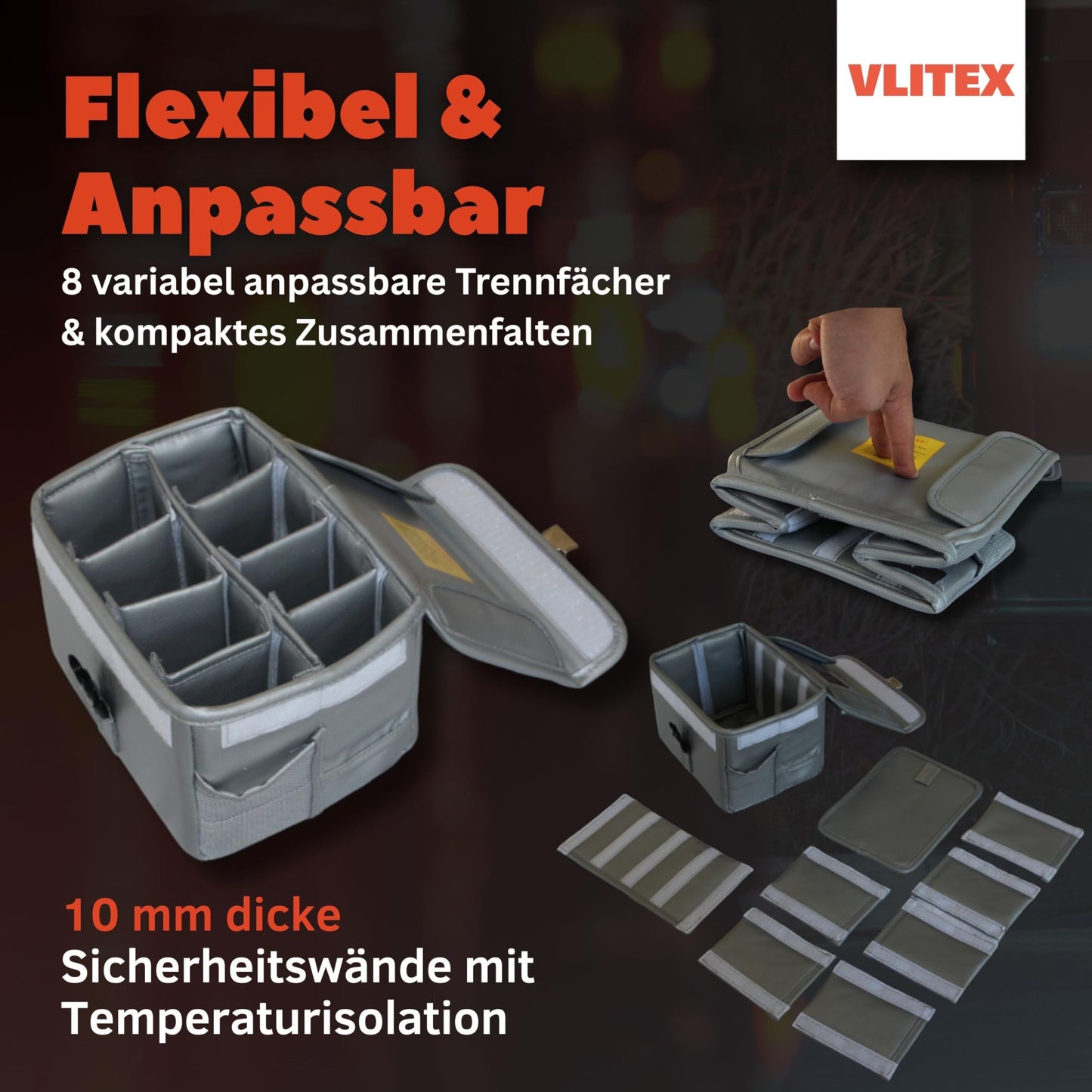 VLITEX Lithium Battery Storage Box L (Large) | Engineered in Germany | Fireproof E-Fiberglass & Silicone Blend | Certified Lipo Safe Bag Container