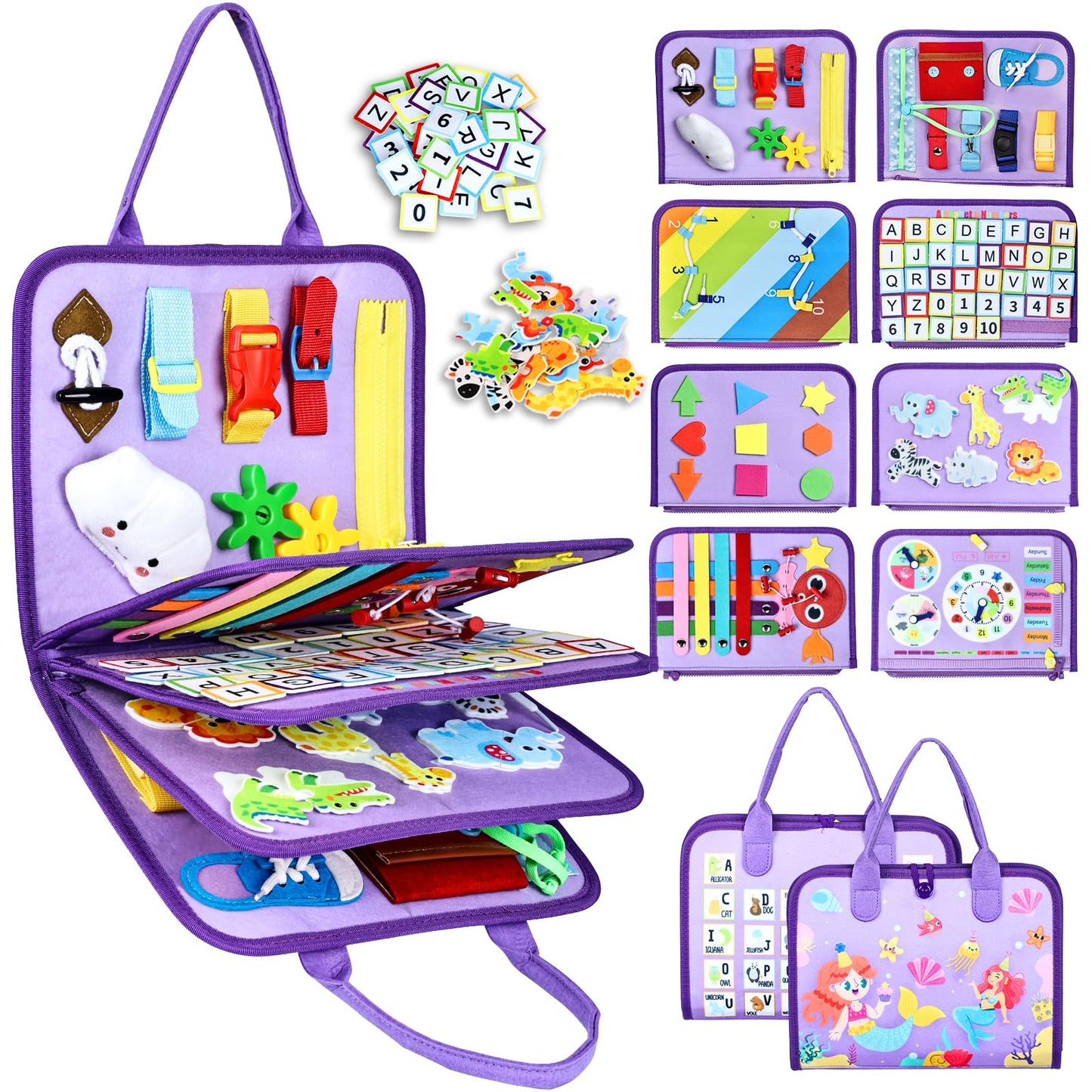 Esjay Toddler Busy Board Montessori Toys for Girls, Sensory Book Educational Activities Learning Fine Motor Skills, Birthday Gifts for Girls Toddlers, Travel Toys for Airplane Car, Purple Merpeople