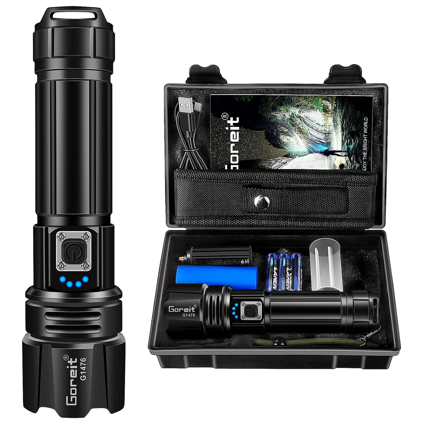Goreit Flashlight High Lumens Rechargeable, 2000 Lumen Led Flashlights XHP70.2 USB Super Bright Flash Light Battery Powered, Powerful Handheld Flashlights for Emergencies Camping, IP67 Waterproof