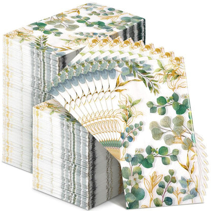 Spiareal 120 Pcs Greenery Paper Napkins 3 Ply Disposable Hand Towels for Bathroom Green Eucalyptus Leaf Guest Decorative Dinner Napkin for Bridal Baby Shower Wedding Birthday Spring Party