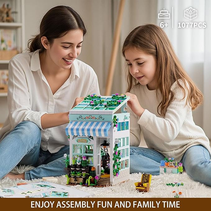Flower House Building Set with LED Lights 1077 PCS City Greenhouse Building Block Toy Garden House Architecture Book Nook Home Decor Birthday Gift for Adults or Girls 8-12 Years