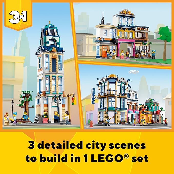LEGO Creator Main Street 31141 Building Toy Set 3 in 1 Features a Toy City Art Deco Building Market Street Hotel Café Music Store and 6 Minifigures Endless Play Possibilities for Boys and Girls