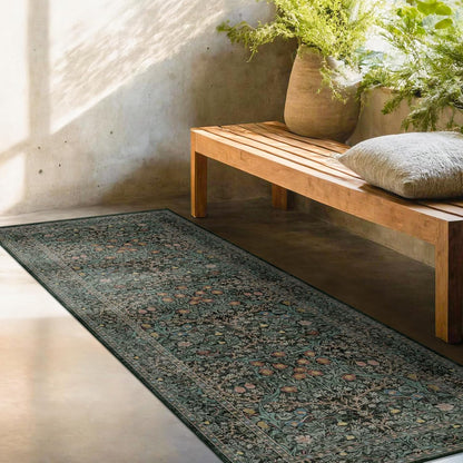 Skiennix Dark Green 2x5 Runner Rug - Non-Slip & Washable Floral Boho Design for Indoor Use