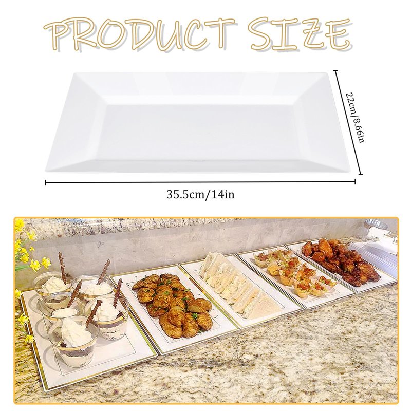 Mwellewm 12 Pcs White Plastic Serving Trays, 14''x9'' Rectangle Dessert Trays for Dessert Table, Party Food Display Set Disposable Platters Cookie Cupcake Gold Serving Tray for Birthday Party Wedding
