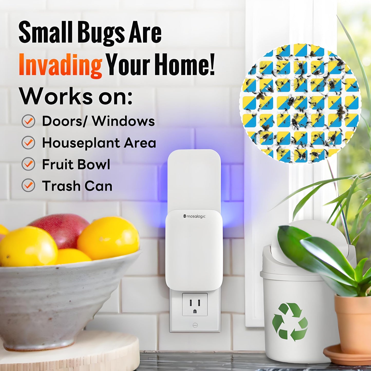 Mosalogic Fruit Fly Traps for Indoors Gnat Trap for House Indoor-600 Sqft Protection Area UV Fly Insect Trapper for Fruit Flies，Gnat，Mosquito，and Other Flying Insect Plug in Bug Zapper Killer White