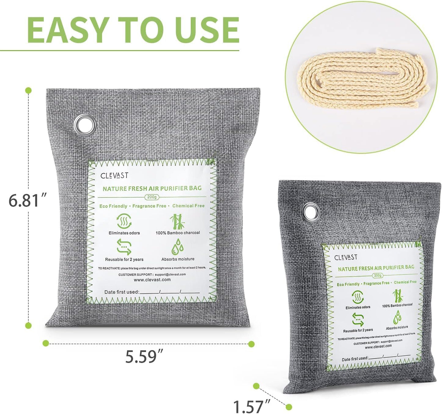 CLEVAST Bamboo Charcoal Air Purifying Bags (Large, 4×200g), Removes Odors and Moisture, Nature Fresh Air Purifier Bags, Odor Eliminator for Home, Car, Pets, Bathroom, Basement