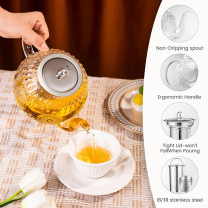 Amzcku 50OZ/1500ml Vintage Glass Teapot with Removable Infuser – Stovetop Safe, Borosilicate Glass Tea Kettle for Blooming & Loose Leaf Tea