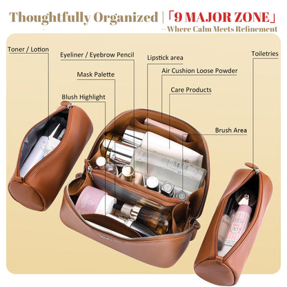 BOYATU Genuine Leather Travel Makeup Bag: Large Capacity 3 Pcs Set Cosmetic Bags for Women - Designer Waterproof Hand-made for Toiletry Organizer - Ladies Travel Essentials for Elegance (01Brown)