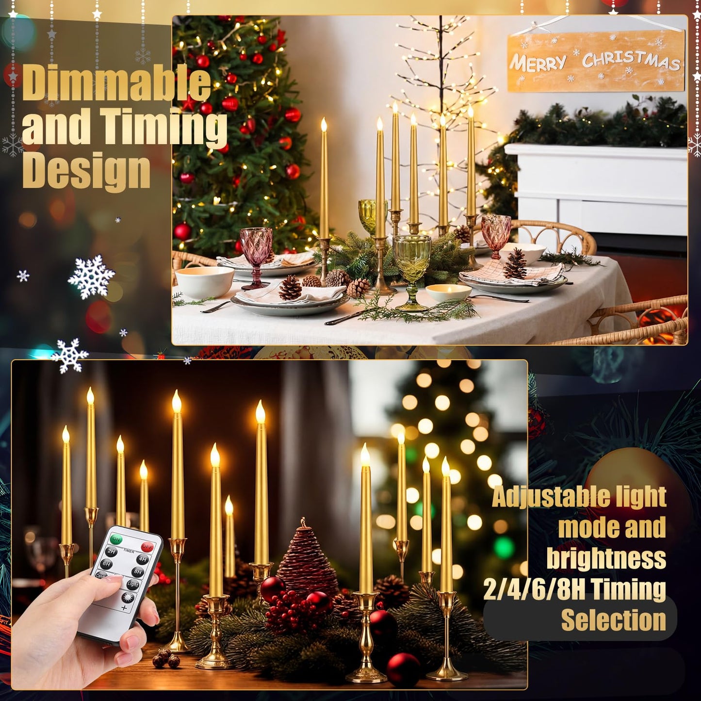 Baquler 120 Pcs Flameless Taper Candles with Remote and Timer 11" Battery Operated Candlesticks LED Flickering Faux Candles Warm Light for Wedding Holiday Party Home Decor (Gold)