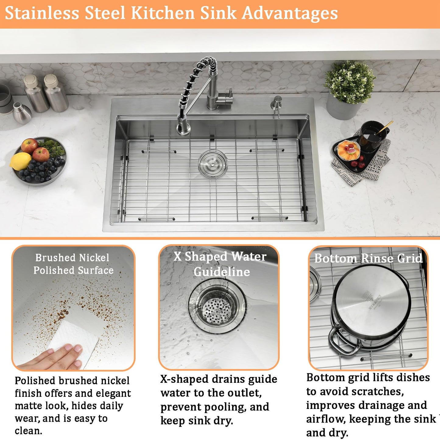 WMXQX Drop In Kitchen Sink, 33x22 Kitchen Sink with Faucet Stainless Steel Top Mount Workstation Overmount Handmade Single Bowl Deep Sink with Cutting Board&Soap Dispenser