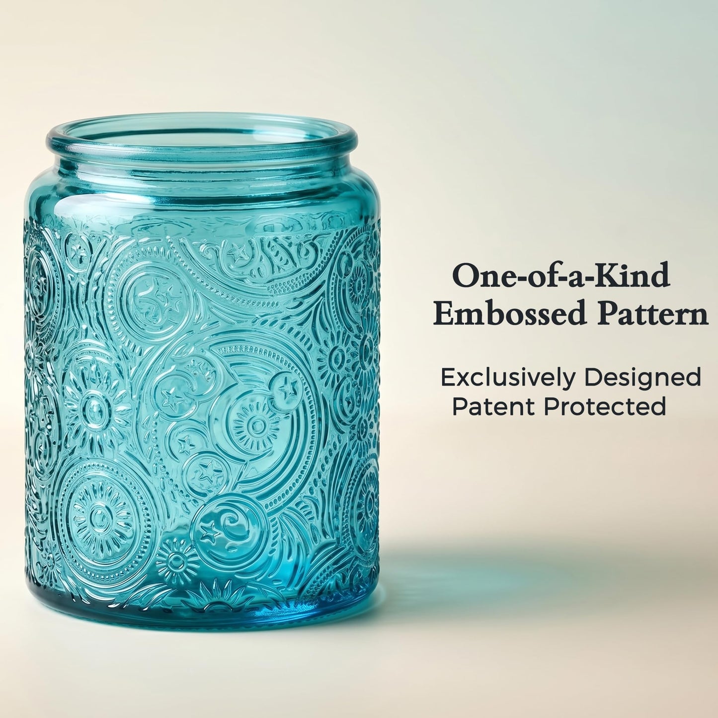 9-Pack 8oz Embossed Glass Candle Container with Bamboo Lids and Labels, Blue Candle Jars for Making Candles, Sun Moon Star Design