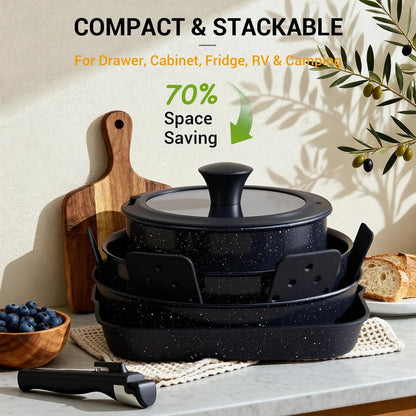 Ammeloo 21 Pcs Pots and Pans Set Non Stick with Detachable Handle & Grill Pan, Induction Ceramic Cookware Set, Non Toxic Kitchen Pots and Pans Set for RVs,Camping, Oven/Dishwasher Safe, Black