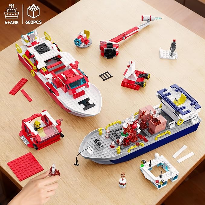City Floating Boats Building Set Police Boat and Fire Rescue Boat Compatible with Lego Ship City STEM Building Toys Ideal Gift for Kids Boys Girls 6 7 8 9 10 11 12
