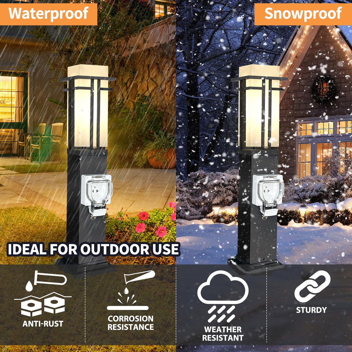 Yoenecea Outdoor Lamp Post with Outlet, Modern Post Light Fixture for Yard, Aluminum Lamp Pole Outdoor Lighting with Glass, Waterproof Outside Street Light for Pathway Garden Patio (27.5''H, 1 pc)