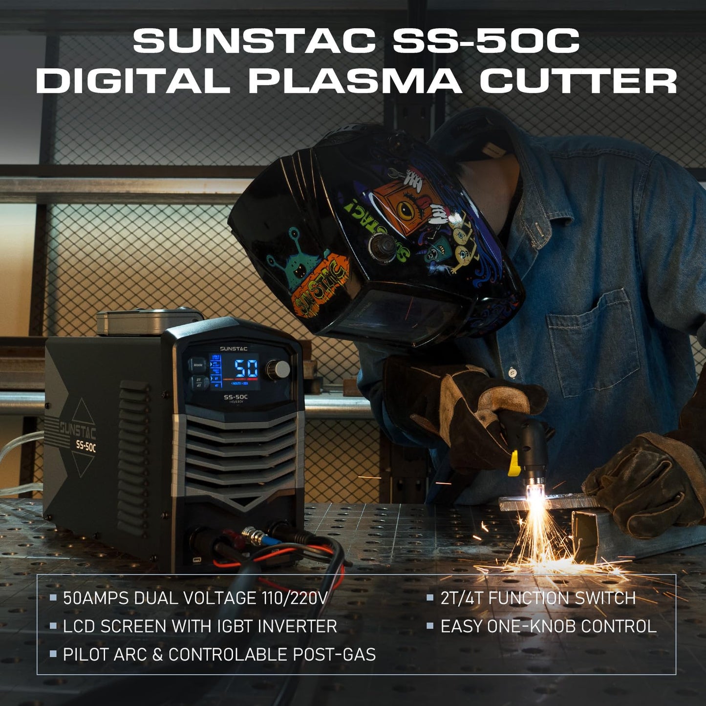 Sunstac Plasma Cutter, Non-Touch Pilot Arc 50Amps Non-High Frequency Plasma Cutting Machine with Large LCD Display 110/220V Dual Voltage IGBT Inverter 4/5 Inch Max Cut 2T/4T, for Beginners DIY