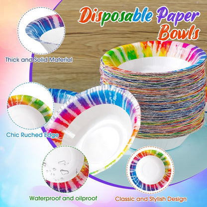 FillTouch 120 Pcs Tie Dye Paper Bowls Bulk 16 oz Party Supplies Disposable Paper Soup Bowls 7 Inches for Hot Cold Food Snack Milk Cereals Salads Dinner Birthday Rainbow Decorations
