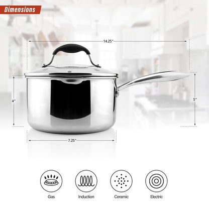AVACRAFT Tri-Ply Stainless Steel Saucepan with Glass Strainer Lid, Two Side Spouts, Ergonomic Handle, Multipurpose Sauce Pan with Lid, Sauce Pot, Cooking Pot (Tri-Ply Full Body, 2.5 Quart)