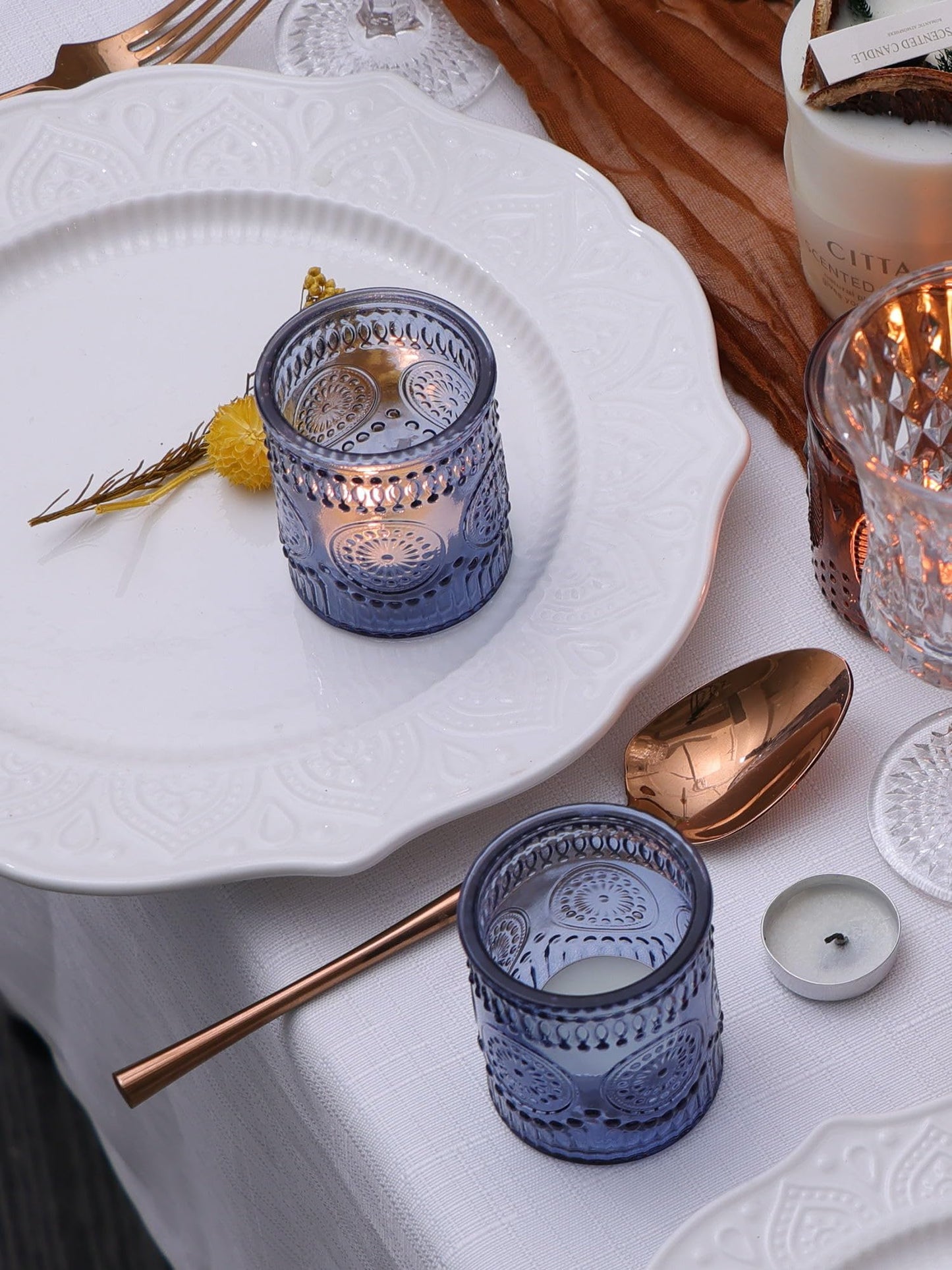 DEVI 24pcs Navy Blue Votive Candle Holders for Table Centerpieces, Blue Tealight Candle Holder for Bridal Shower Decorations, Boho Wedding Decorations for Home Party, Blue Sunflower Decor