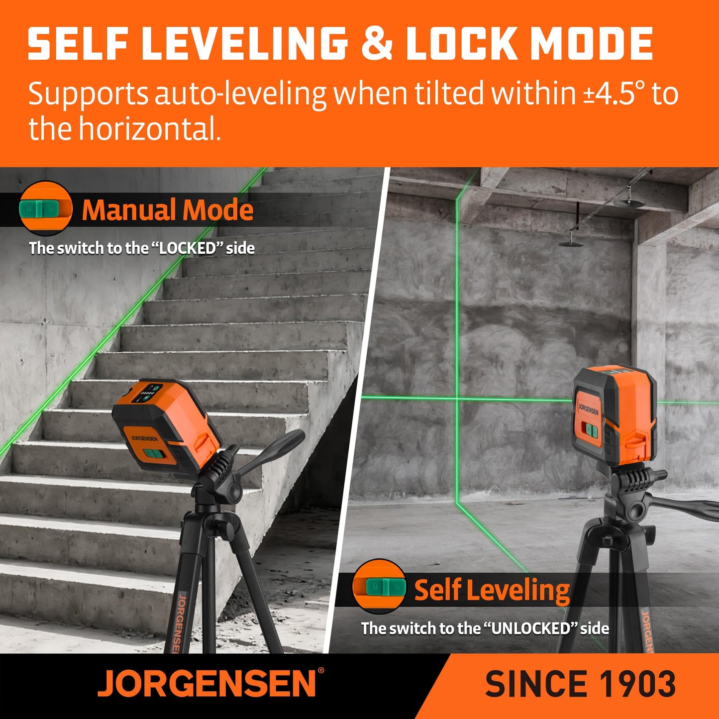 JORGENSEN Laser Level with Tripod & 2 Plumb Dots, 100 FT Self Leveling Point Cross Line Laser Leveler Tool, Wide Angle Green Laser Level for Picture Hanging, Indoor Project, Construction, Carry Bag