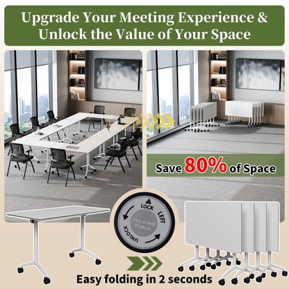 Modular Folding Conference Table with Wheels,8 Pack Mobile Conference Room Tables,Filp Top Rolling Meeting Training Tables for Office,Classroom,Library,Seminar,Boardroom,school(8pack,White,71in)