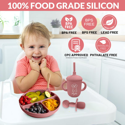 ASYTTA Silicone Baby Feeding Set – 6 Piece BPA-Free Baby Led Weaning Supplies – Toddler Eating Essentials with Baby Bib, Suction Plate, Suction Bowl, Sippy Cup, Forks, & Utensils | 6+ Months (Pink)