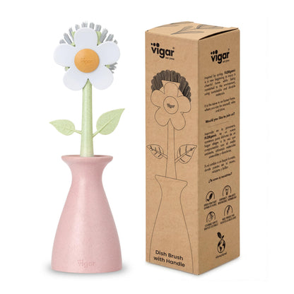 Vigar Florganic Daisy-Shaped Dish Brush with Vase Dish Brush Holder, Dish Brush with Handle, for Pot Scrubber, Kitchen Dishes, and Sink Cleaning, Pink