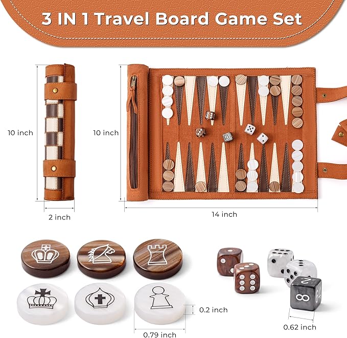 Woodronic 3 in 1 Travel Chess Backgammon Checkers Set Roll-up Leather Backgammon Set with 32 Premium Pearl Pieces and 5 Dices Portable Travel Chess Board Game Set for Adult13x10 Kinch