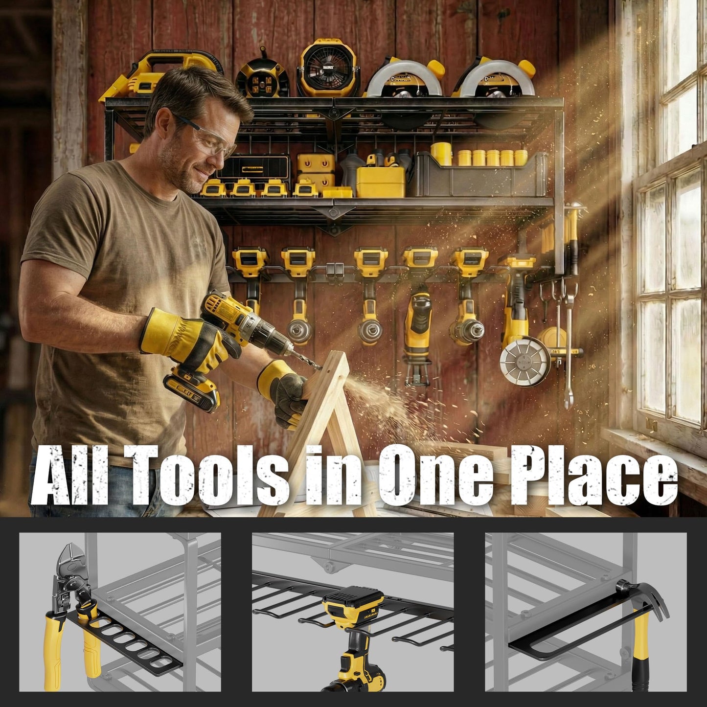 Amoowis Heavy Duty Power Tool Organizer for Wall Mount Garage Storage – 320 lbs Capacity, 3-Tier Iron Wire Rack with 8 Drill Slots, Shelf for Battery Charging Station – Gift for Fathers Day Handyman