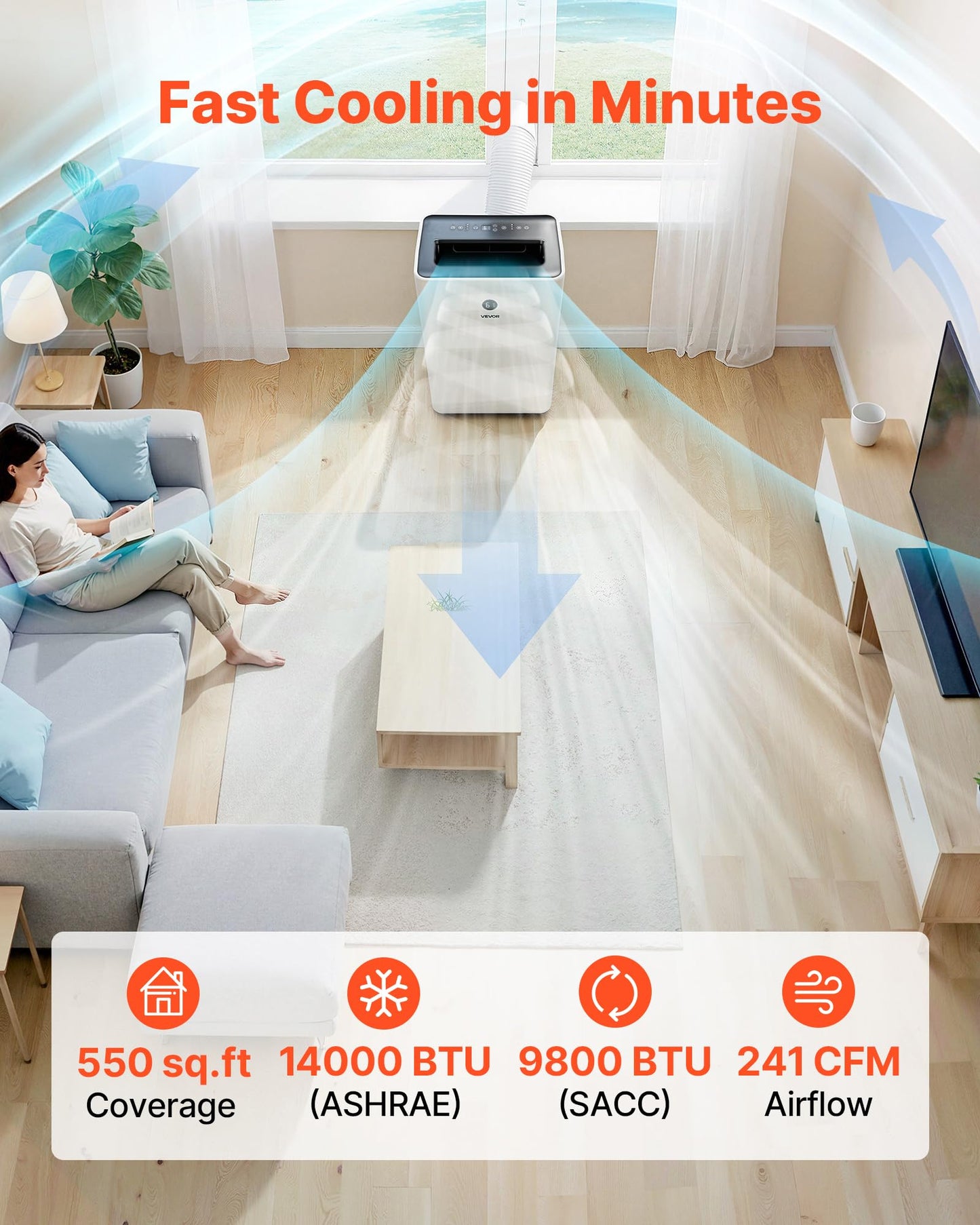 VEVOR Portable Air Conditioner, 14000 BTU ASHRAE (9800 BTU SACC) 4-in-1 Standing Cooling Ac Unit, LED Touch Panel & Remote Control, 24h Timer, Cooling, Dehumidifier, Fan, Sleep Mode for Room Indoor