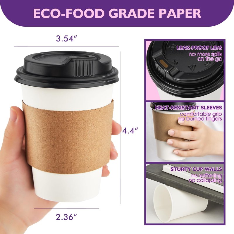 PACKINNO 12 oz 100 Pack Disposable Coffee Cups with Lids and Sleeves, Coffee Paper Cups with Lids, To Go Beverage Drinking Cup for Coffee, Tea