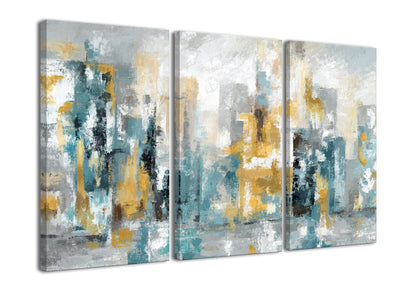Teal Abstract Wall Art-Abstract Picture 3 Piece Yellow and Blue Canvas Print Wall Painting Decor Modern Artwork Canvas Wall Art for Living Room Home Office Decor