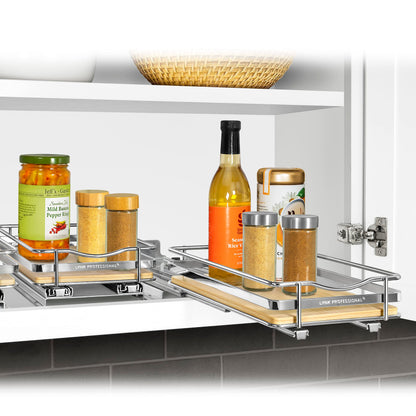 LYNK PROFESSIONAL® Pull Out Spice Rack Organizer for Inside Kitchen Cabinets - 4-1/4 inch Wide - Slide Out Drawer – Chrome Sliding Spice Cabinet Organization Shelf Racks - 2 Tier