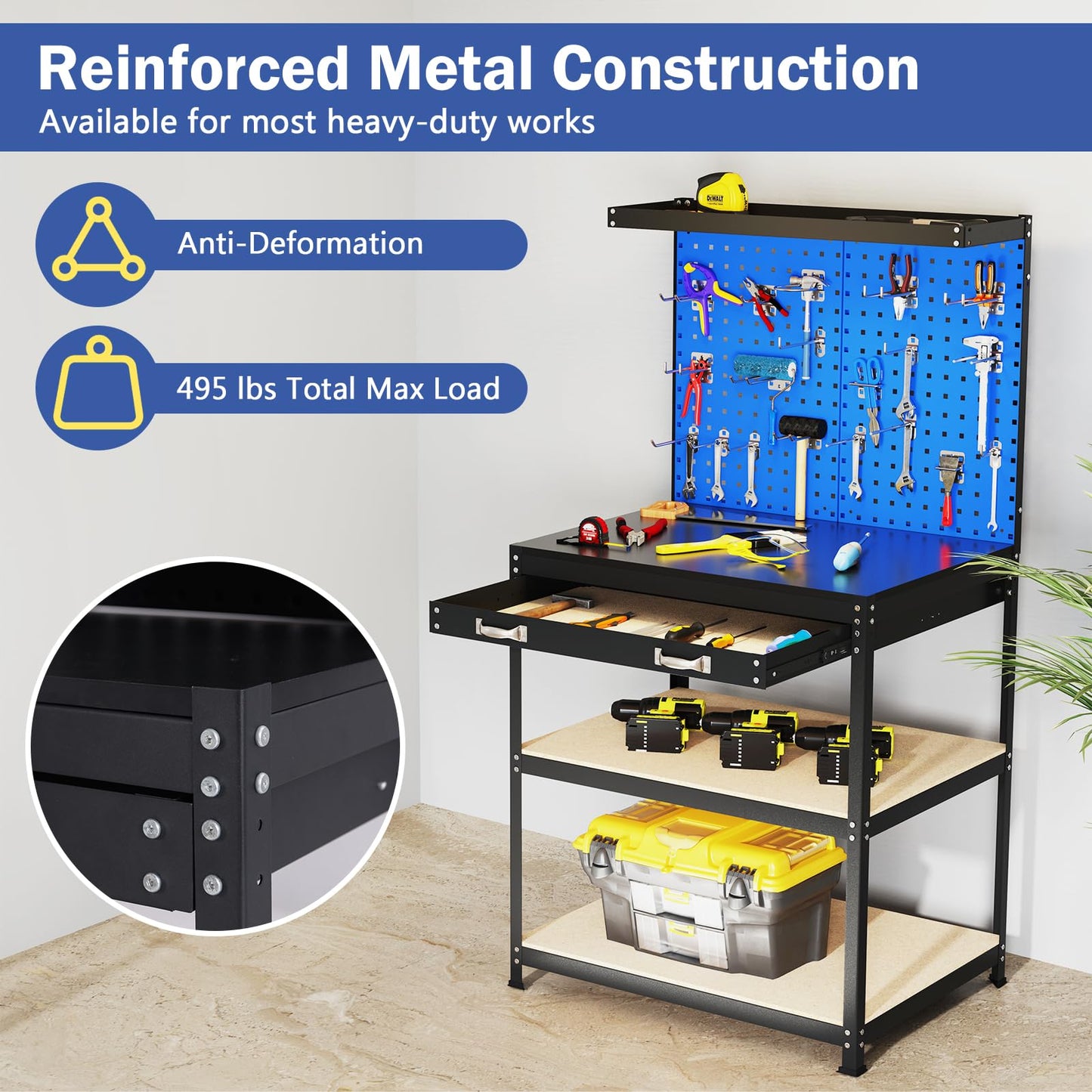 Goplus Workbench with Drawer, 32" x 16" Heavy-Duty Work Table with 2 PCS Pegboard & 4 Shelves, 19 Hanging Hooks, 495LBS Capacity, Metal Tool Storage Work Bench for Garage, Workshop, Home