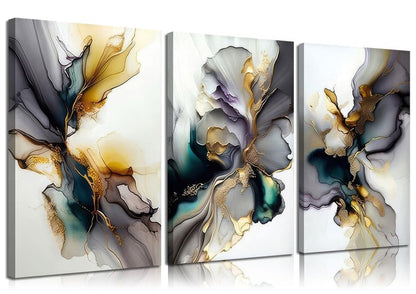 3pcs Black And Gold Abstract Canvas Wall Art Modern Texture Grey And Gold Marble Fluid Wall Decor Posters Prints Pictures for Living Room Bedroom Office Home Decoration Ready To Hang
