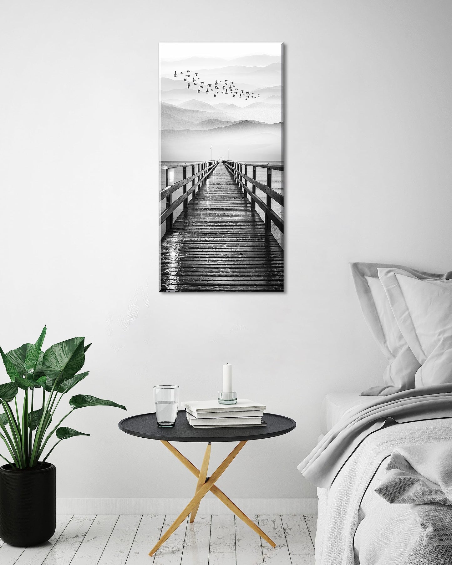 Lake Wall Art for Aisle Corridor, PIY Black and White Pier with Birds Flying Canvas Prints Decor, Vertical Calm Wharf Mountain landscape (1" Thick Artwork, Waterproof, Bracket Mounted Ready to Hang)
